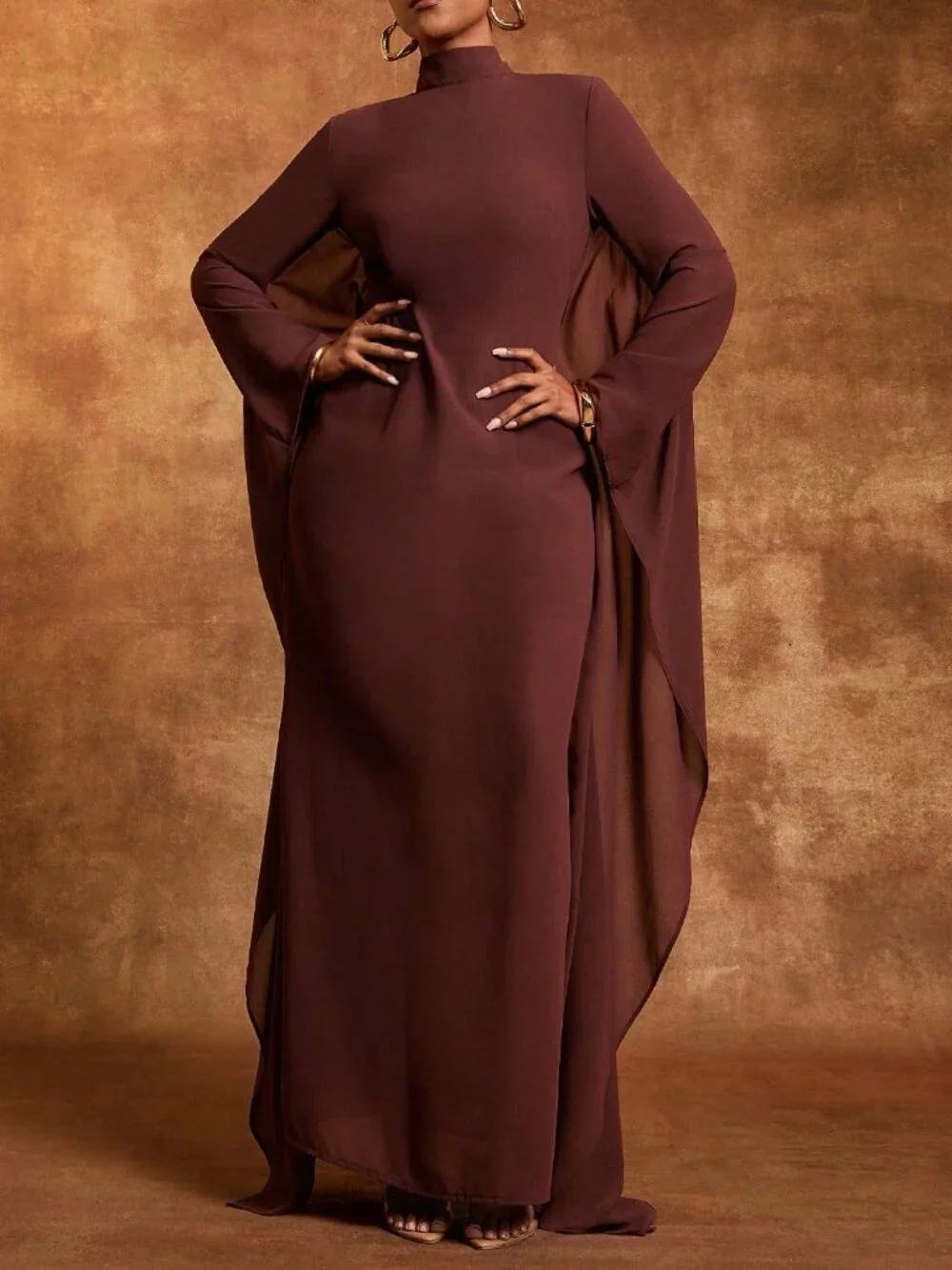 Brown Elegant Women's Chiffon Mock Neck Batwing Long Sleeve Maxi Dress - Picture 3 of 5